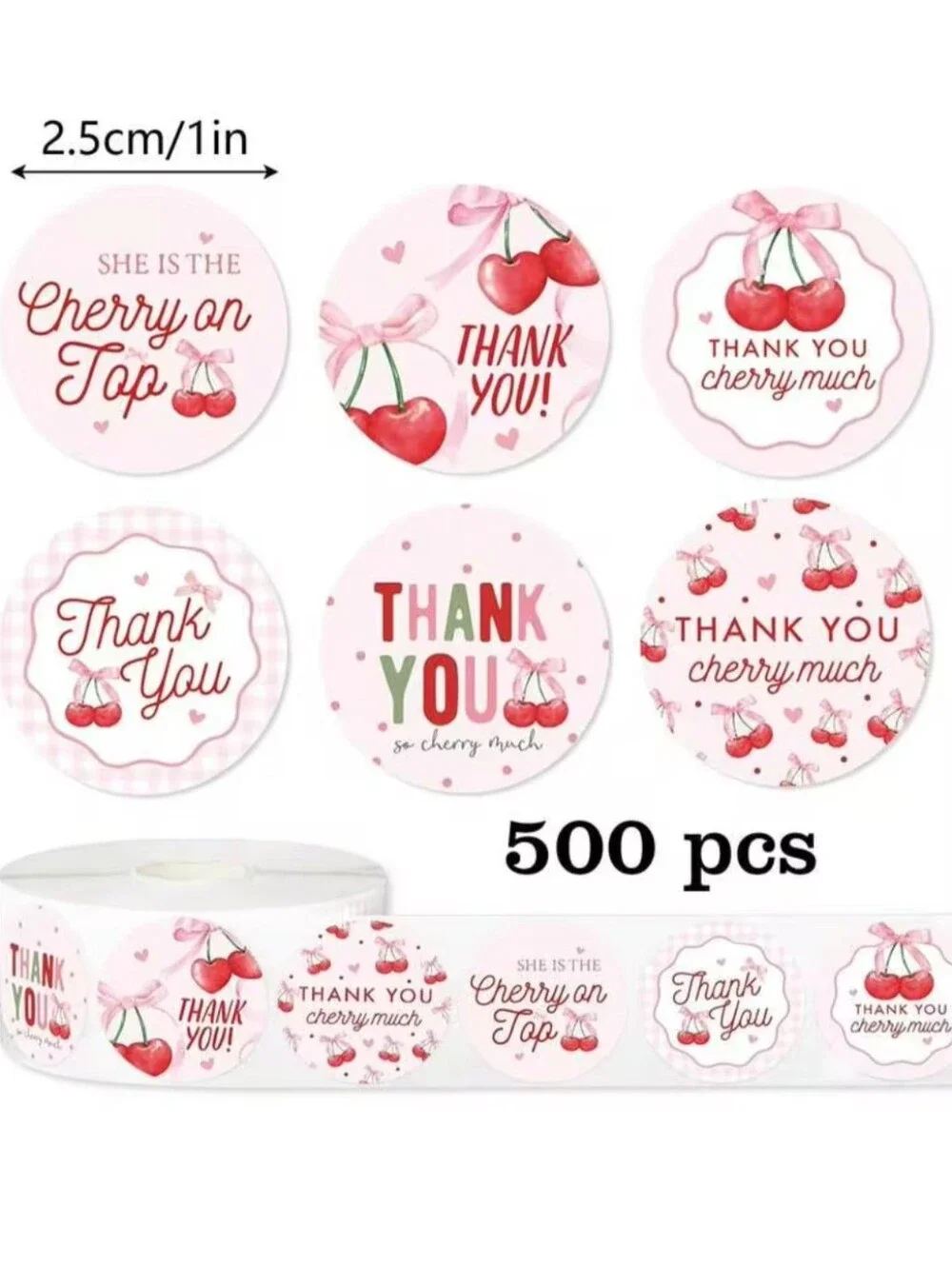 500pcs/Roll Cute Pink Cherry Thank You Self-Adhesive Stickers